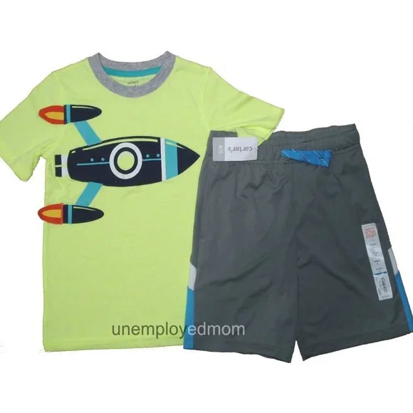 Rocket Spaceship Tee Shorts Oufit Boys Top Shirt 2 pc Set Pant BTS - Picture 1 of 6